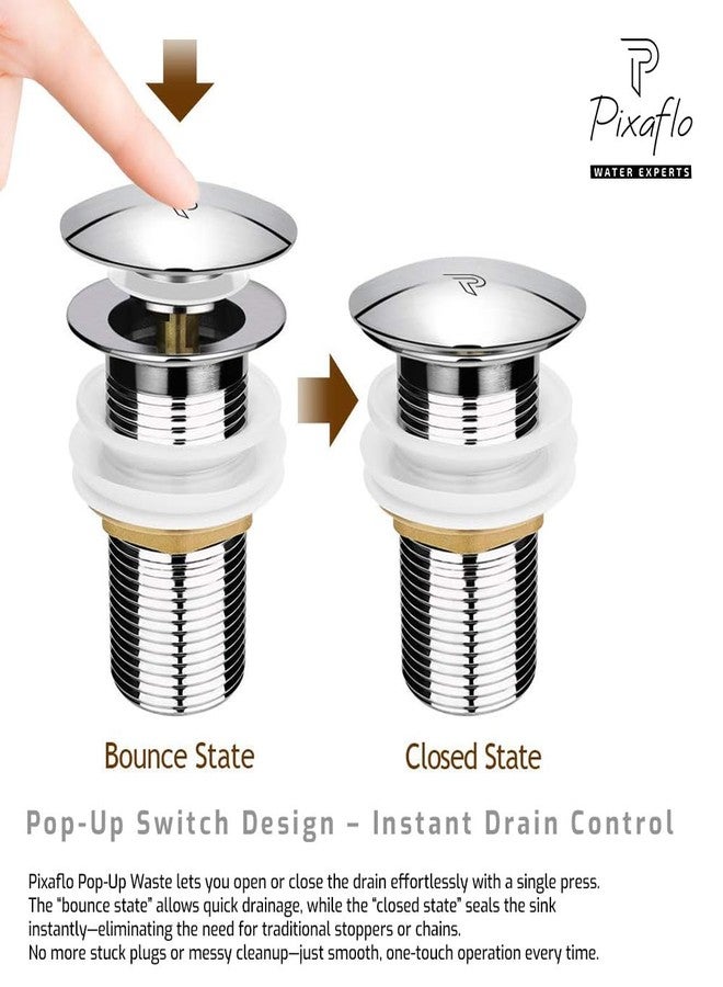 Pixaflo 3-Inches Stainless Steel Pop-Up Waste Coupling for Wash Basin & Sink | Full Threaded G1¼” | Durable Anti-Rust Bathroom Drain Plug | Universal Fit for Vanity & Countertop | Chrome Finish - Image 2